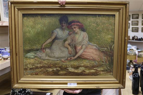 Attributed to Francis S. Walker (1848-1916) oil on canvas, two women and waterlilies 47 x 69cm.